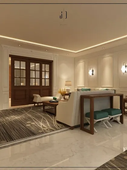 This 3D render shows a classic living room design with elegant wall moldings and traditional furniture. It allows clients to see how a more formal and timeless aesthetic would look in their home.