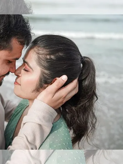 A close-up, tender moment between the couple on the beach in Goa, capturing the intimacy and romance of their pre-wedding trip.