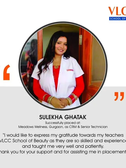 Sulekha's story is truly inspiring. With an MBA, she followed her passion for beauty, and after our training, she was placed as a CRM & Senior Technician at Meadows Wellness, proving that it's never too late to change careers.