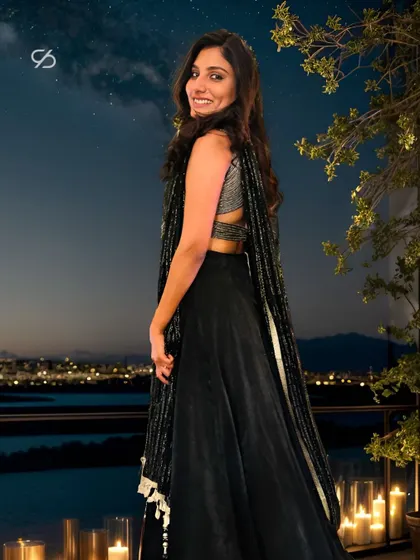 Radiating elegance and grace, my client looks stunning in this bespoke black lehenga. Embellished with delicate cut dana and zari work, it was perfect for her sangeet celebration.