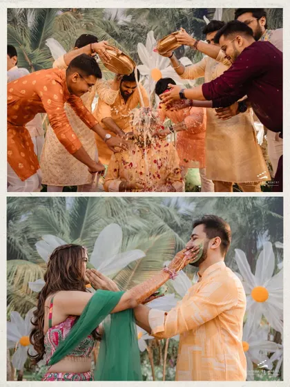 The groom gets a loving drenching from his friends during the Haldi, while the bride playfully applies turmeric to his face. This collage captures the fun and interactive nature of the ceremony.