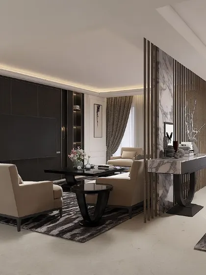 Another view from the 3D visualization, showing a lounge area with a media wall and custom console. The design uses a mix of dark wood and marble for a luxurious feel.