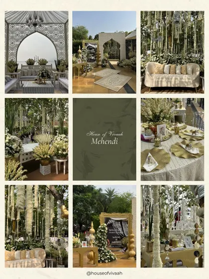 A moodboard for an elegant Mehendi in ivory and gold, featuring jaali arches, mogra strings, and regal seating, illustrating a serene and sophisticated design direction.