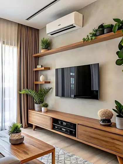 For clients who love greenery, we designed this media unit with integrated shelving specifically for plants. The warm wood console and shelves create a natural, biophilic design that brings life into the living room.