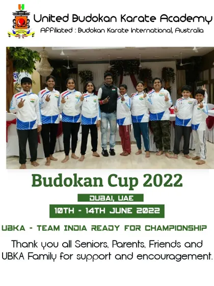 Team India, represented by our UBKA students, ready for the Budokan Cup 2022 in Dubai. This image captures the anticipation and team spirit before the start of a major international championship.