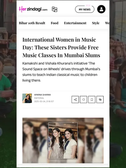 A screenshot of the Her Zindagi article about our initiative to provide free music classes in Mumbai slums.