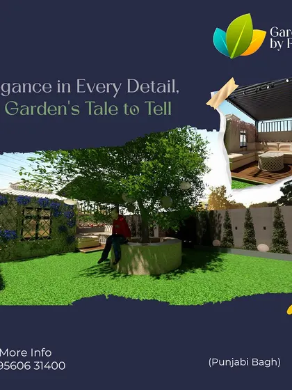 Elegance in every detail. This conceptual design for a Punjabi Bagh project features a lush lawn with a seating area built around a central tree, telling a story of serene, natural living.