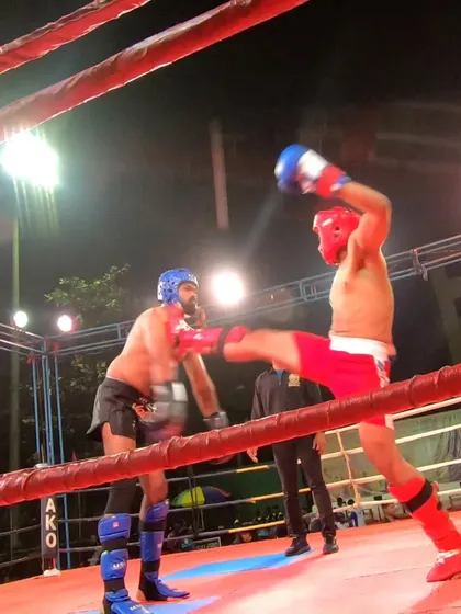 A high kick from Vipul, demonstrating the skills he has developed in a short time.