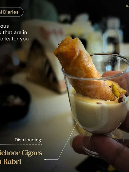 A work in progress from our trial diaries. These Motichoor Cigars with Rabri are a fusion dessert we are perfecting, wrapping a classic Indian sweet in a crispy shell for a modern presentation.