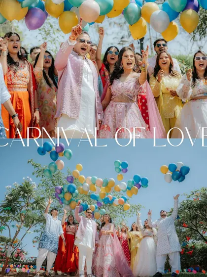 A joyous celebration with friends and family releasing balloons. This shot captures the fun, festive, and communal spirit of Sahas and Rozy's wedding carnival.