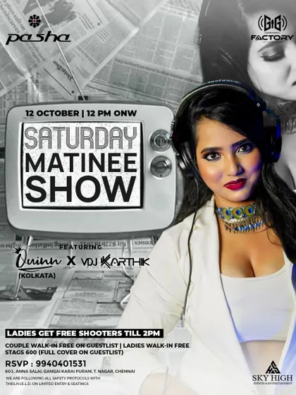 Flyer for a "Saturday Matinee Show" at Pasha, The Park Chennai, a popular day party event.