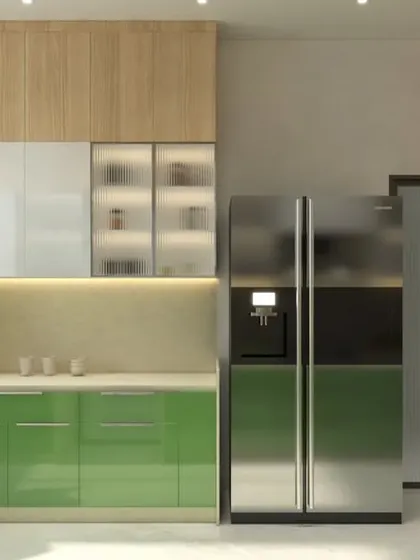 The same kitchen layout, but with a vibrant green finish on the lower cabinets. This shows how easily we can customize the color palette to suit your personal style.