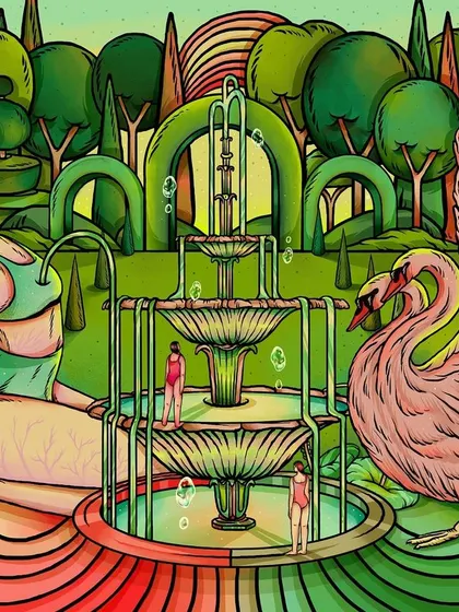 'Love Be Love Go,' a surreal landscape that reimagines a love garden as an inner utopia. This piece questions whether romantic love is a myth or a tangible emotion, depicted through a lush, fantastical scene.
