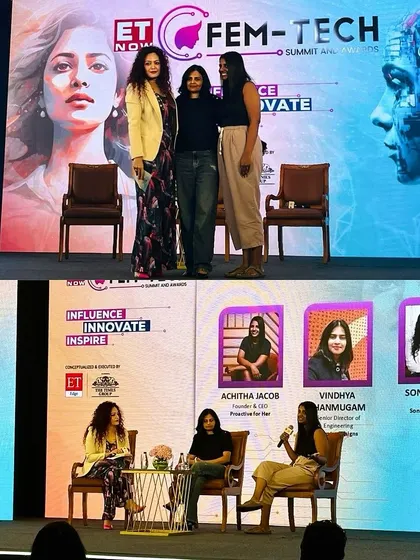 On stage with my fellow panelists at the ET Now Fem-Tech Summit. It was a fantastic experience moderating this discussion with leaders from Proactive for Her and Myntra, exploring the intersection of technology, fashion, and wellness.