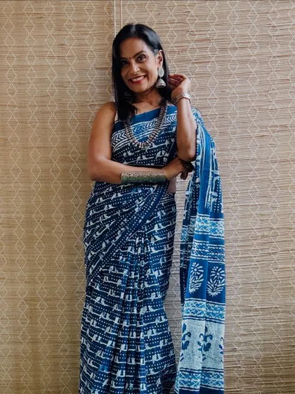 Another beautiful indigo printed cotton mulmul saree. The intricate print and soft fabric make it a joy to wear.