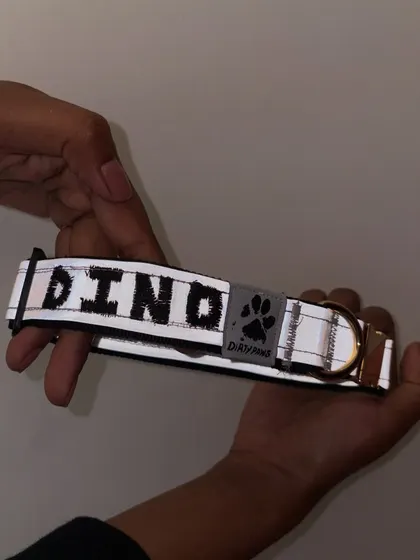 A view of the custom collar held in my hands, angled to show how the light catches the reflective surface. This highlights its primary safety feature.