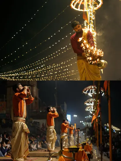 A collection of images from the Ganga Aarti ceremony at different ghats. They showcase the synchronized movements, the brilliant fire, and the spiritual atmosphere of the evening prayer.