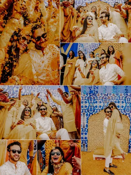 This collage is all about the "masti" of the Haldi. It shows Sonali and Hemant being playfully covered in turmeric by their loved ones, capturing the joyous and uninhibited spirit of the event.