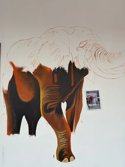 The early stages of painting the elephant, blocking in the dark shadows and warm highlights.