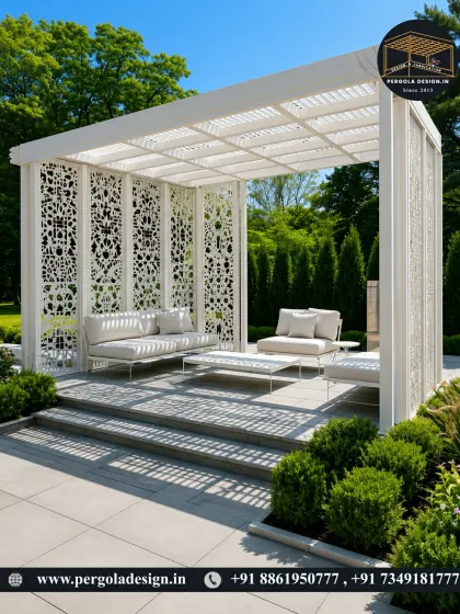 This all-white pergola is a statement of modern elegance. The laser-cut privacy screens feature an intricate pattern, creating a semi-enclosed space that feels both open and intimate, perfect for a chic garden lounge.