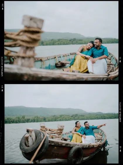 A diptych showing two different perspectives of a couple enjoying a boat ride during their pre-wedding shoot.