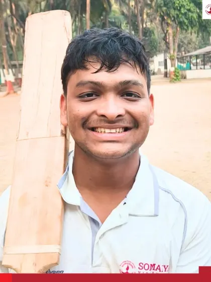 Nirmit Mandkulkar, Player of the Match, holds his bat after a strong all-round performance of 72 runs and 1 wicket.