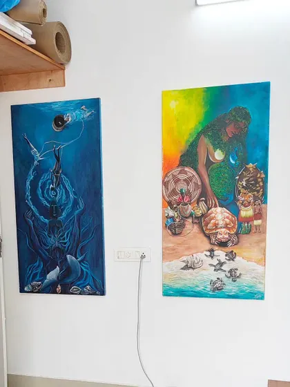 Two paintings from my "Deka" series, a feminist interpretation of the ten avatars of Vishnu. On the left is "Matsya" and on the right is "Koorma." These are long term passion projects that I continue to work on.