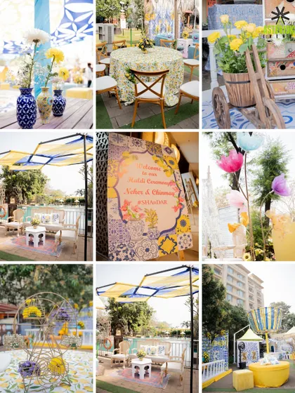 A detailed look at a Mediterranean-themed Haldi. This collage showcases the custom welcome signage, patterned tablecloths, and blue-and-white pottery that brought the theme to life.
