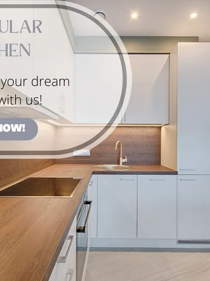 This modular kitchen design combines wooden textures with clean white cabinets for a warm yet modern look. The layout is optimized for a compact space, ensuring every inch is used effectively.