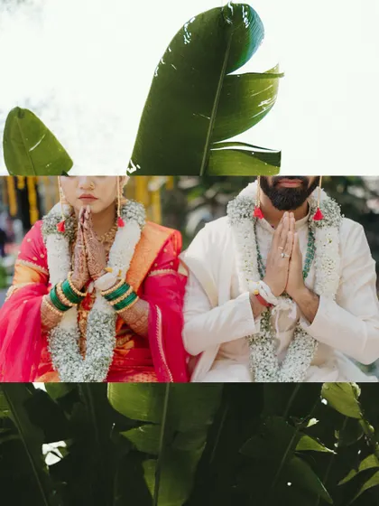 An artistic composition of the couple in a prayer pose, framed by banana leaves.