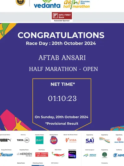 The official result for Aftab's half marathon. A fantastic time of 1:10:23. We use these benchmarks to switch up the training program and aim for even better.