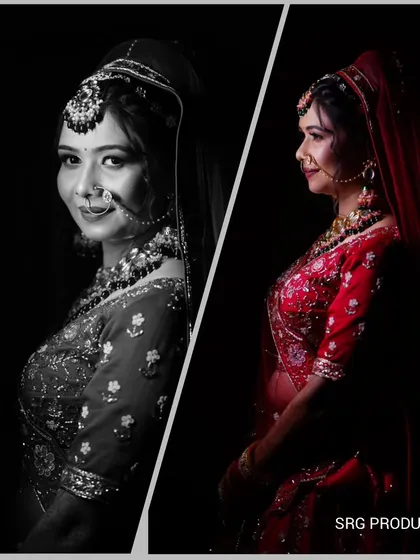 A diptych of bridal portraits, one in monochrome and one in color, showcasing our artistic lighting techniques.