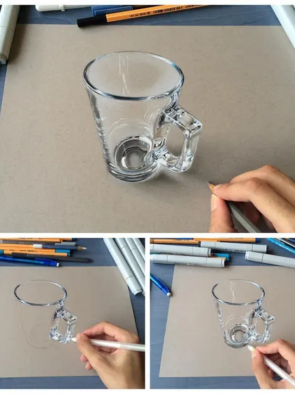 A step-by-step look at the process of drawing a glass cup. It starts with a simple line drawing, then I build up the shadows and highlights to create the illusion of transparency.