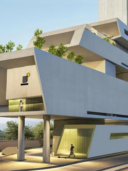 A brutalist-inspired concept with a heavy concrete volume supported on pilotis.