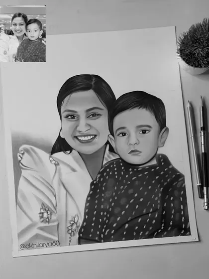 A mother and her son, drawn from a photo in this A3 black and white sketch. The focus is on their gentle expressions and the quiet bond between them.
