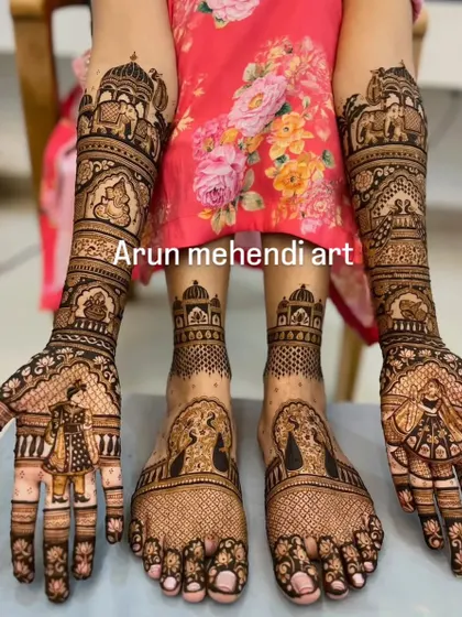 Here is a complete bridal mehendi set, with matching intricate designs for both hands and feet. I ensure the patterns flow beautifully from the arms down to the toes for a stunning head-to-toe look.