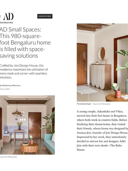 I was thrilled to have 'The Boho Escape' project featured in an AD Small Spaces article in Architectural Digest India. The feature highlights the home's many space-saving solutions.