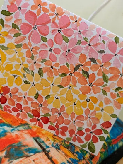 Another angle of my one-stroke floral practice piece. The repetition of form and color creates a calming, meditative effect.