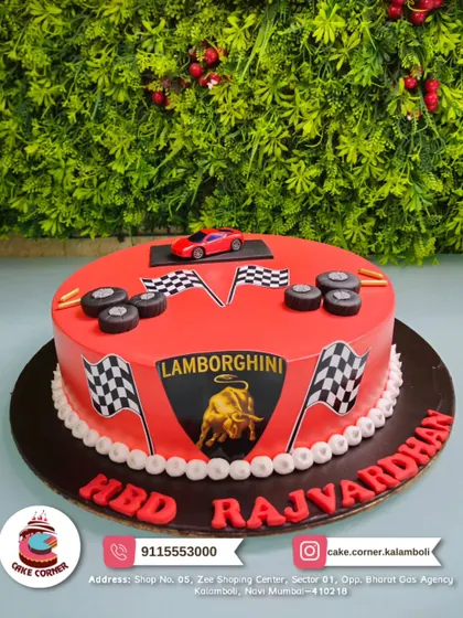 A luxury Lamborghini-themed cake for Rajvardhan. The iconic logo and race flags make this a sleek and powerful design for a car lover.