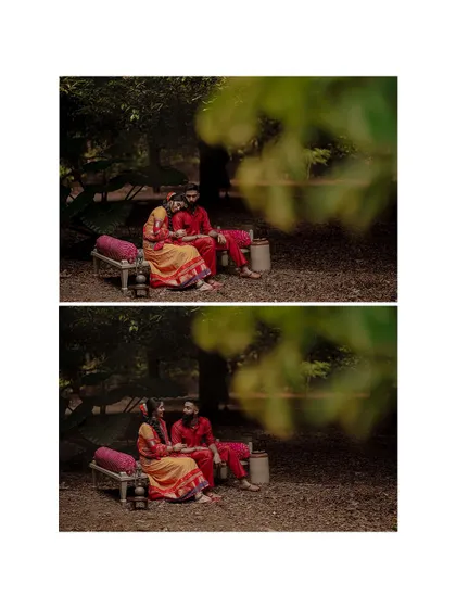 A duplicate of image 4, showing an artistic, naturally framed shot of a couple in traditional attire sharing a quiet moment.