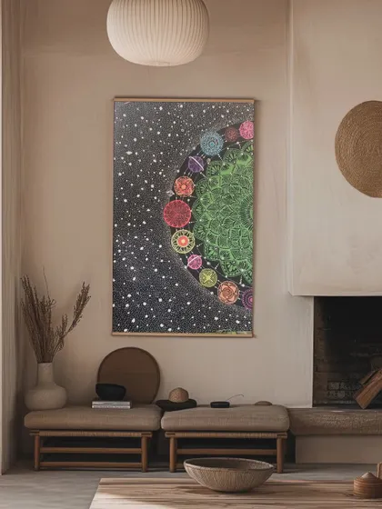 A galaxy-themed mandala wall hanging. This piece combines the spiritual symbolism of the mandala with the vastness of the cosmos, creating a unique piece for your home.