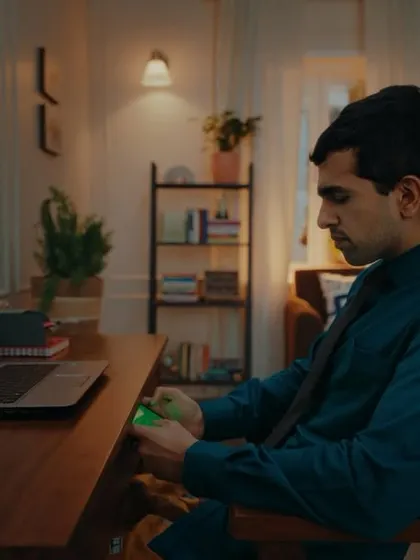 A scene from the Bullet Echo ad showing a character gaming at his desk. His smart-casual outfit reflects a work-from-home or modern office environment.
