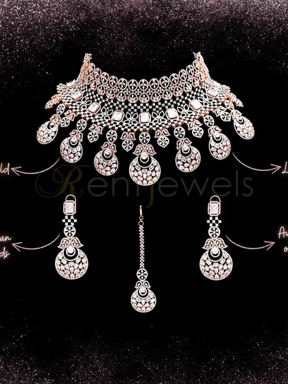 An intricately detailed Signity diamonds choker in a rose gold finish. This is a royal and timeless piece, perfect for the bride who wants a luxe, contemporary look.