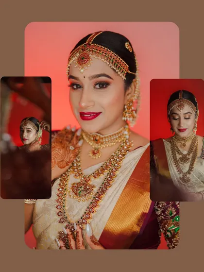 A collage of the bride in her beautiful wedding saree, showcasing her intricate jewelry and radiant smile.