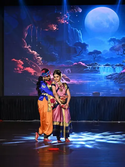 A tender moment between Krishna and Gopika, showcasing the abhinaya and character portrayal we teach our students.