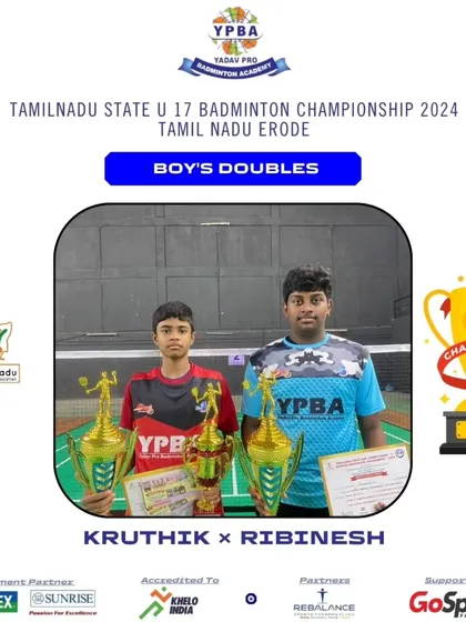 Kruthik and Ribinesh crowned Boy's Doubles Champions at the Tamil Nadu State U17 Championship.