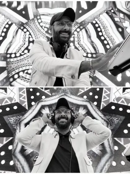 A cool, black and white kaleidoscopic shot from behind the decks.