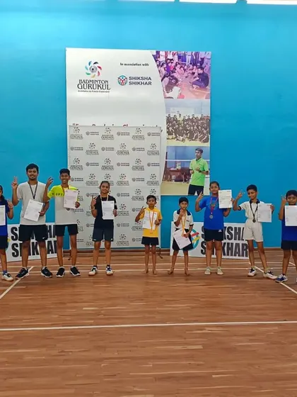 Photos from our successful summer camp and tournament at Shiksha Shikhar, showing students on the podium and in groups.