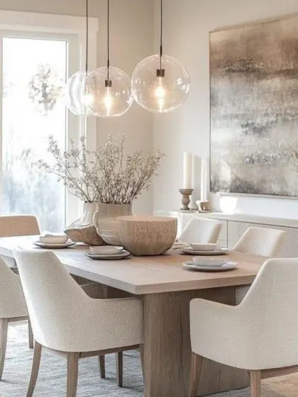 This dining room has a light, airy, and almost coastal feel, with a light wood table and white upholstered chairs. The simple glass pendant lights and abstract landscape art enhance the room's tranquil and natural vibe.