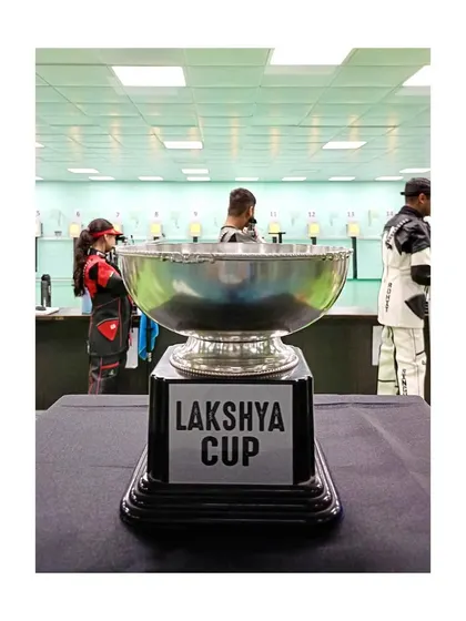 The gleaming Lakshya Cup trophy, waiting for its next champion.